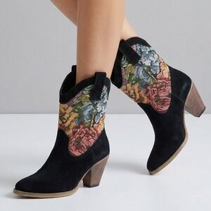 Floral Tapestry Suede Cowboy Ankle Boots Black Pointed Toe Stacked Heel Western